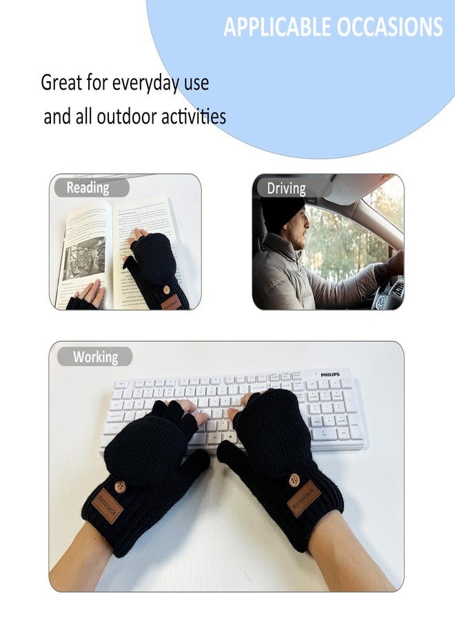 Bototack Winter Fingerless Gloves Warm Thermal Knitted Convertible Mittens Flap Cover for Women Men Typing Driving Working (Black) - Image 3